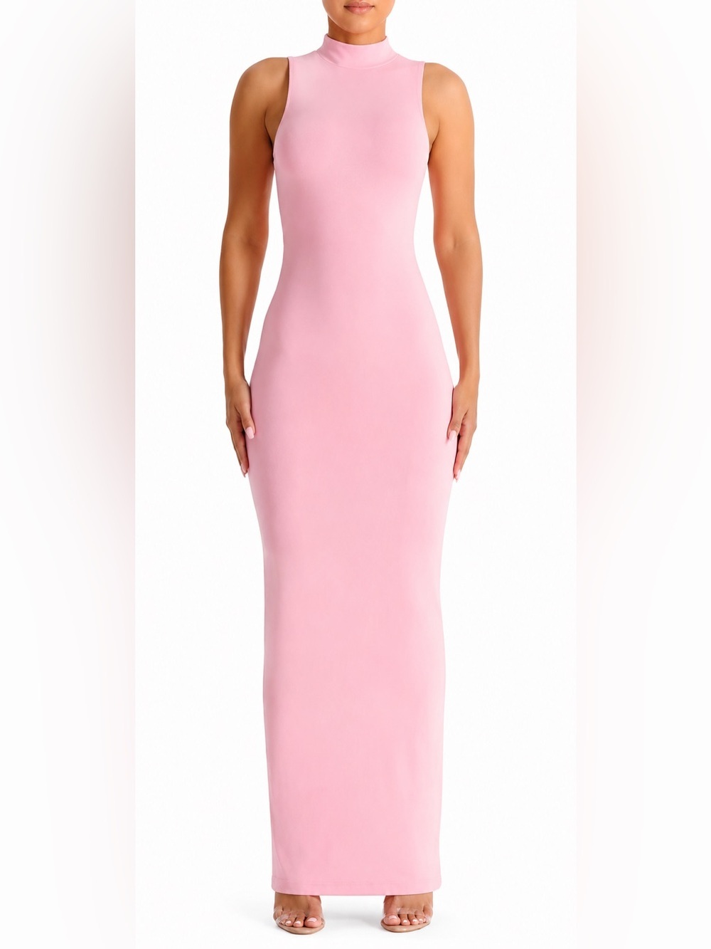 Naked Wardrobe sleeveless mock neck pink maxi dress, medium, flawed